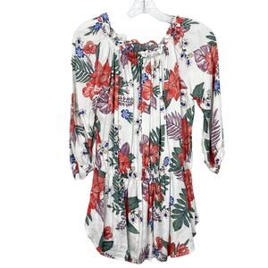 ULUWATU Top Women S Floral Off Shoulder Ruffle 3/4 Sleeve Peplum Elastic Multi